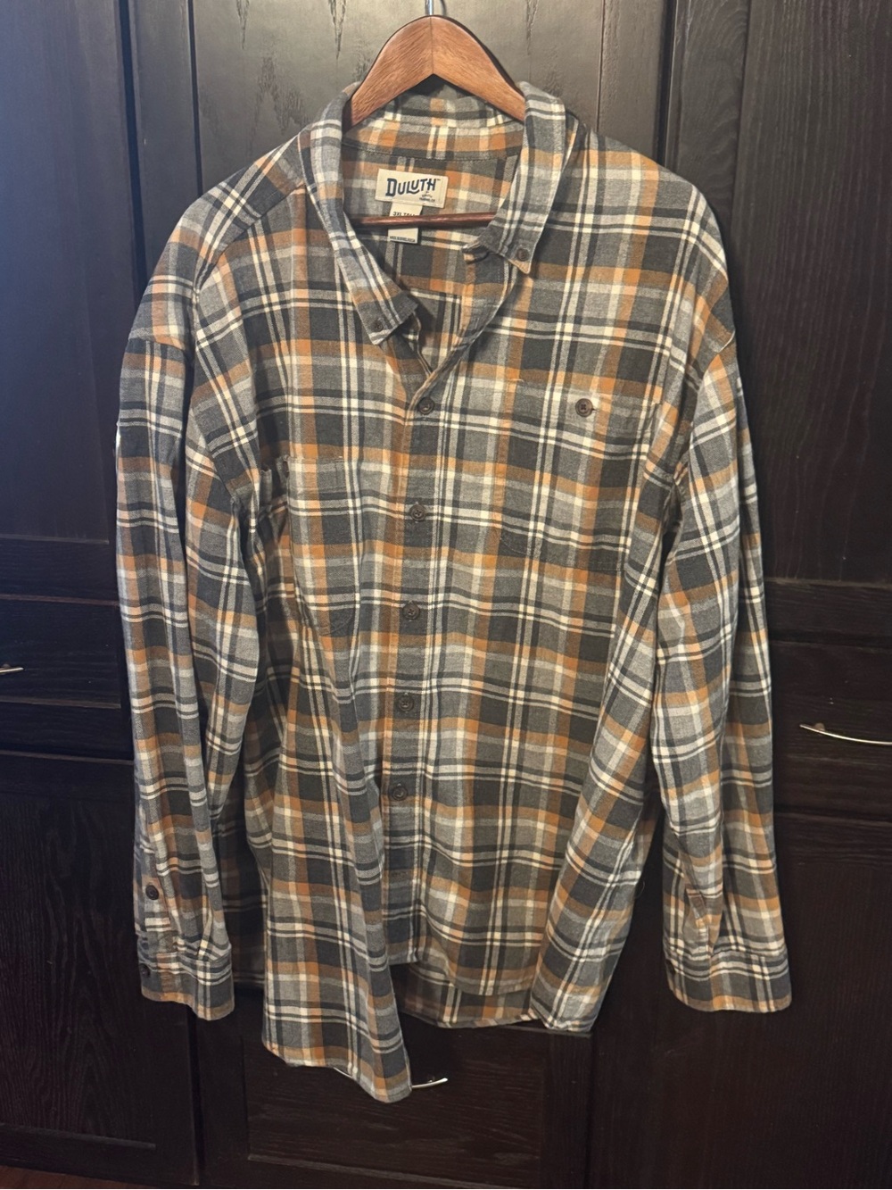 Duluth Trading Co Orange and Gray Plaid Button-Down Shirt